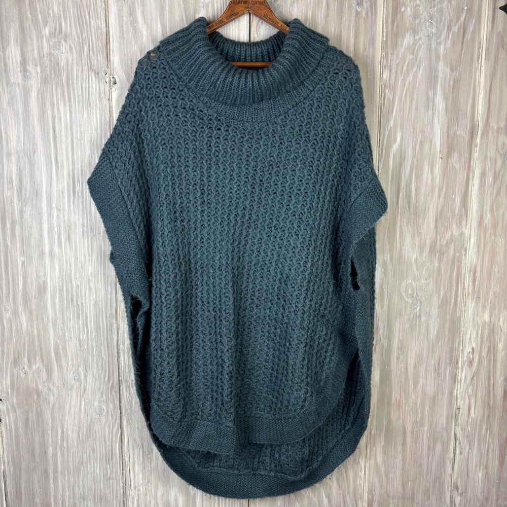 LC Lauren Conrad Teal Blue Chunky Knit Mock Neck Poncho Sweater High Low Hem